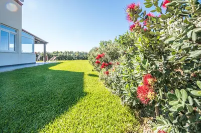 a garden with red flowers next to a building at Villa Pasquale...immersa nella tranquillita' in Lascari