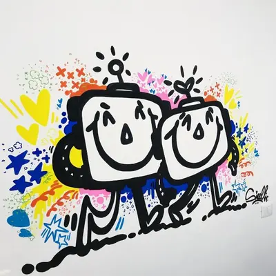 a cartoon of two robots walking together at Afea Art & Rooms in Palermo