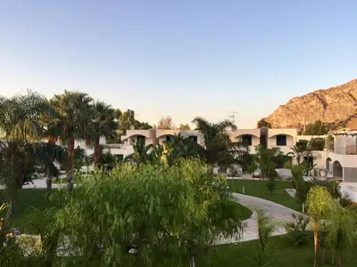 a resort with palm trees and a mountain in the background at 