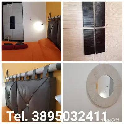 a collage of pictures of a bedroom with a bed and a mirror at Casa Frida in San Vito lo Capo