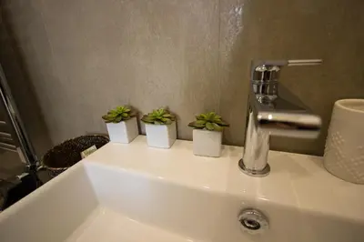 a bathroom sink with three plants in pots on it at Le Casette di Marcì in Palermo