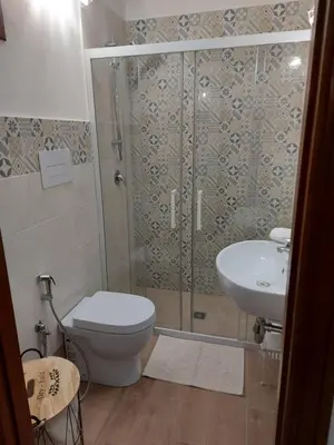 a bathroom with a shower and a toilet and a sink at Terrazza New Homes in Castellammare del Golfo
