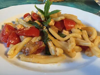 a plate of pasta with tomatoes and a green garnishment at Agriturismo Sant'Agata in Piana degli Albanesi