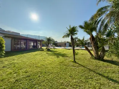 a yard with palm trees in front of a building at Villa Cocus in Altavilla Milicia