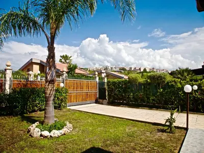 a palm tree in a yard with a fence at Acasaammari in Campofelice di Roccella