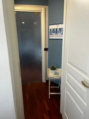 a hallway with a door and a table with a plant at Incantevole E A Due Passi Dal Centro in Palermo