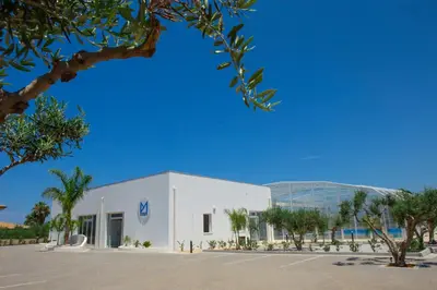 a white building with trees in front of a building at Piano Monaco in Carini