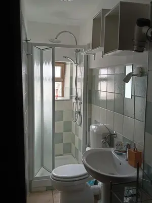 a bathroom with a shower and a toilet and a sink at Guest House Beati Paoli in Palermo