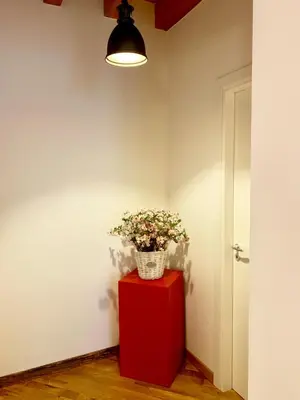 a vase of flowers on a red table in a room at WelcHomeLoft in Palermo