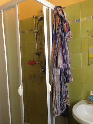 a bathroom with a shower and a towel hanging on a door at Stardust Home in Palermo