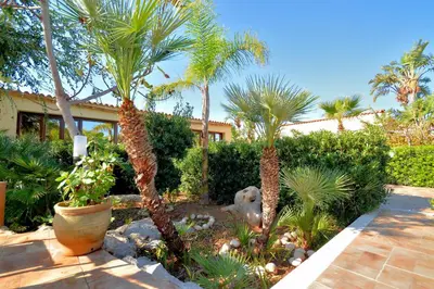 a garden with palm trees and a dog in a yard at Villa Minoa con piscina in San Vito lo Capo