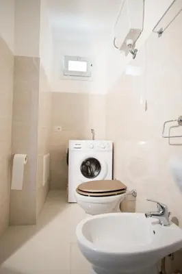 a bathroom with a toilet and a sink and a washing machine at Appartamenti Duchessa in Castellammare del Golfo