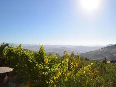 a view of the mountains from a vineyard with the sun shining at Villa in Alia with Pool & Olive Views in Alia