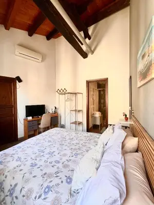 a bedroom with a bed and a desk and a television at Kasa Kala Rooms & Apartments in Palermo