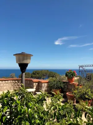 a garden with plants and a street light and the ocean at Casa Vela Bianca Mondello Addaura in Palermo