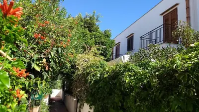 a garden of flowers and trees in front of a building at Villetta con giardino Mandarino Macari in Macari