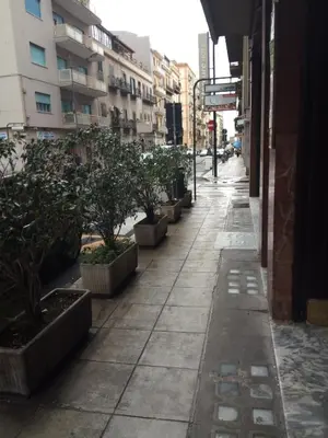 an empty sidewalk with potted plants on a city street at A un passo dal centro in Palermo