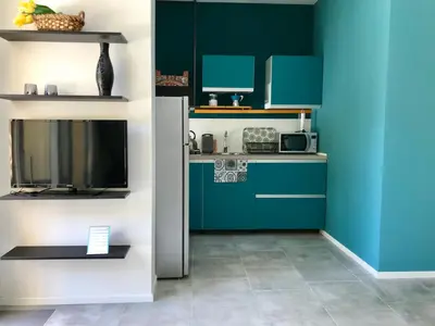 a kitchen with emerald green cabinets and a television at Residenza De Gasperi in Palermo