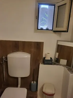a bathroom with a white toilet and a window at Il Rifugio in Palermo