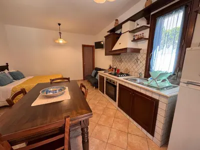 a kitchen and living room with a sink and a table at Monolocale da Mariolina in Macari