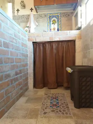 a bathroom with a shower with a brown shower curtain at Torre Vallelunga in Trabia