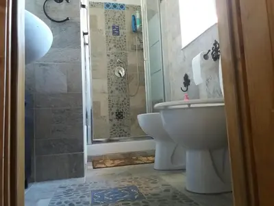 a bathroom with a shower and a toilet and a sink at Torre Vallelunga in Trabia