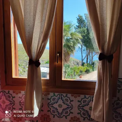 a window with curtains in a room with a palm tree at Baglio Cracchiolo da Tuzzo - Casa Bouganville in San Vito lo Capo