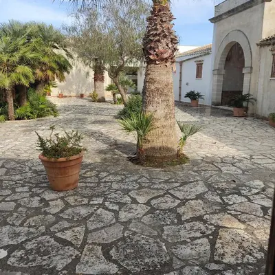 a courtyard with a palm tree and a building at Baglio Cracchiolo da Tuzzo - Casa Carrubbo in San Vito lo Capo