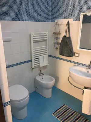 a blue and white bathroom with a toilet and a sink at Terra e Mare in Capaci