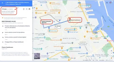 a map with two red arrows pointing to different places at Mediterraneo House in Palermo