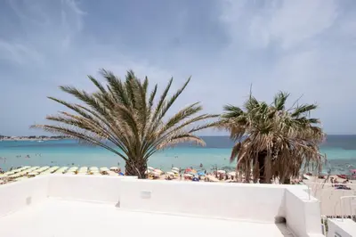 a beach with palm trees and umbrellas and the ocean at Villa Acquamarina sul mare in San Vito lo Capo