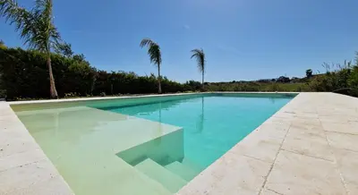 a swimming pool with blue water and palm trees at Villa Stella Cinese in Alcamo
