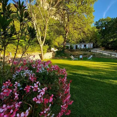 a garden with pink flowers in the grass at Chiosi Country Club in Corleone