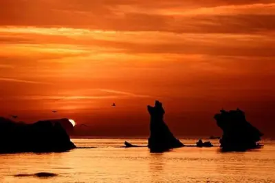 a sunset on the ocean with rocks in the water at casa salusa in Terrasini