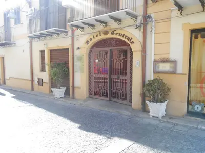 a building with a large wooden door with two potted plants at Hotel Centrale Bagheria in Bagheria