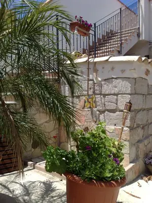 a plant in a large pot next to a staircase at VILLA BUTTERFLY 1 sea and history in Capaci