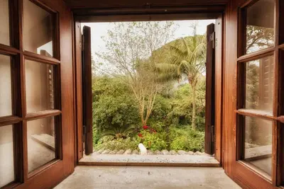 an open window with a view of a garden at Il Glicine La Piana dei Colli in Mondello
