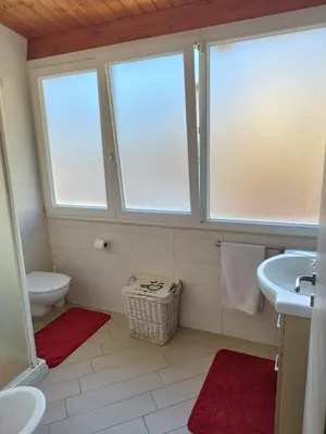 a bathroom with a toilet and a sink and two windows at Alcamo Rooms con GARAGE privato in Alcamo