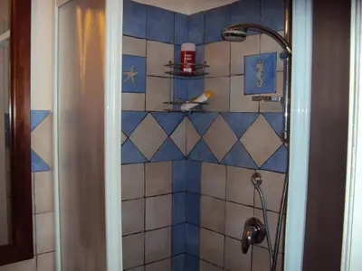 a bathroom with a shower with blue and white tiles at APT Villa Anna e APT Cantina Vito vicinissimi alla Riserva dello Zingaro in Scopello