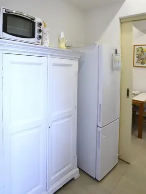 a kitchen with a white refrigerator and a microwave at Plumeria/Libertà in Palermo