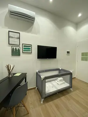 a living room with a bed and a flat screen tv at Solli Rooms in Palermo