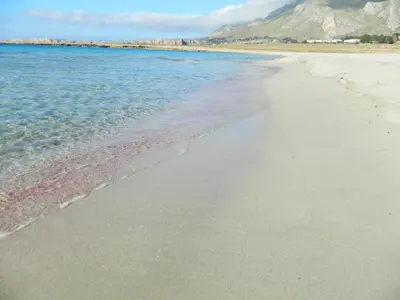 a sandy beach with water and mountains in the background at Hotel Oasi da Paolo in Castelluzzo