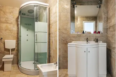 two pictures of a bathroom with a sink and a shower at Giulio Cesare 14, Residence in Palermo