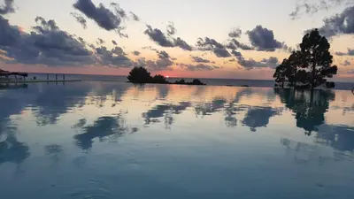 a large body of water with trees and a sunset at stella di ponente in Macari