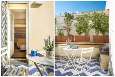 two pictures of a patio with a table and chairs at Magione Apartment with Terrace by Wonderful Italy in Palermo