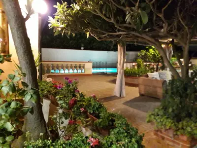 a garden with a bench and some flowers and trees at Villa Teresa in Trappeto