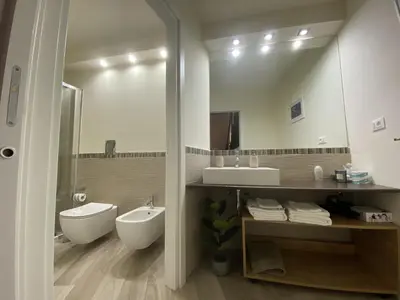 a bathroom with a sink and a toilet and a mirror at Amalfitani House in Palermo