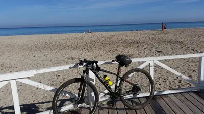 a bike leaning against a fence on the beach at Palermo Rooms in Palermo