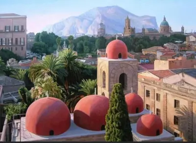 a painting of a city with red domes at Antico vicolo di ballarò in Palermo