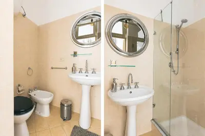 two pictures of a bathroom with a sink and a toilet at Dietro San Domenico Apartment in Palermo